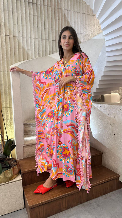 BL6 V Neck Printed Modal Long Kaftan Dress - Brown Loft