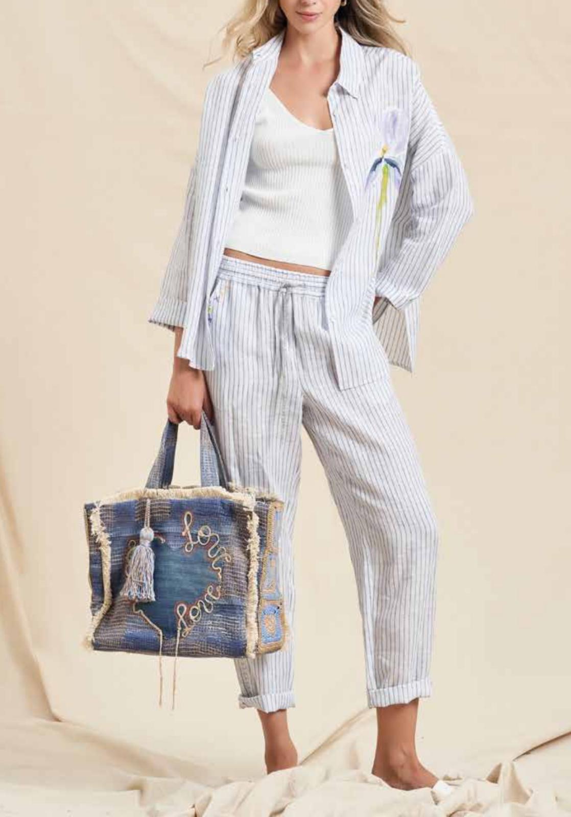 D157/F603 Floral Striped Linen  Shirt and Pants قميص وبنطال من الكتان المخطط بالزهور - Brown Loft