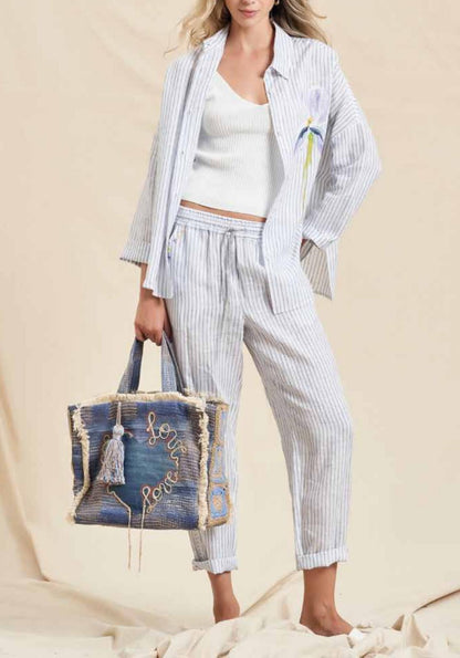 D157/F603 Floral Striped Linen  Shirt and Pants قميص وبنطال من الكتان المخطط بالزهور - Brown Loft