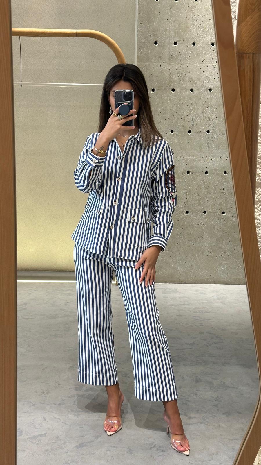 32475 Buttoned Zippered Straight Cut Striped Pants - Brown Loft