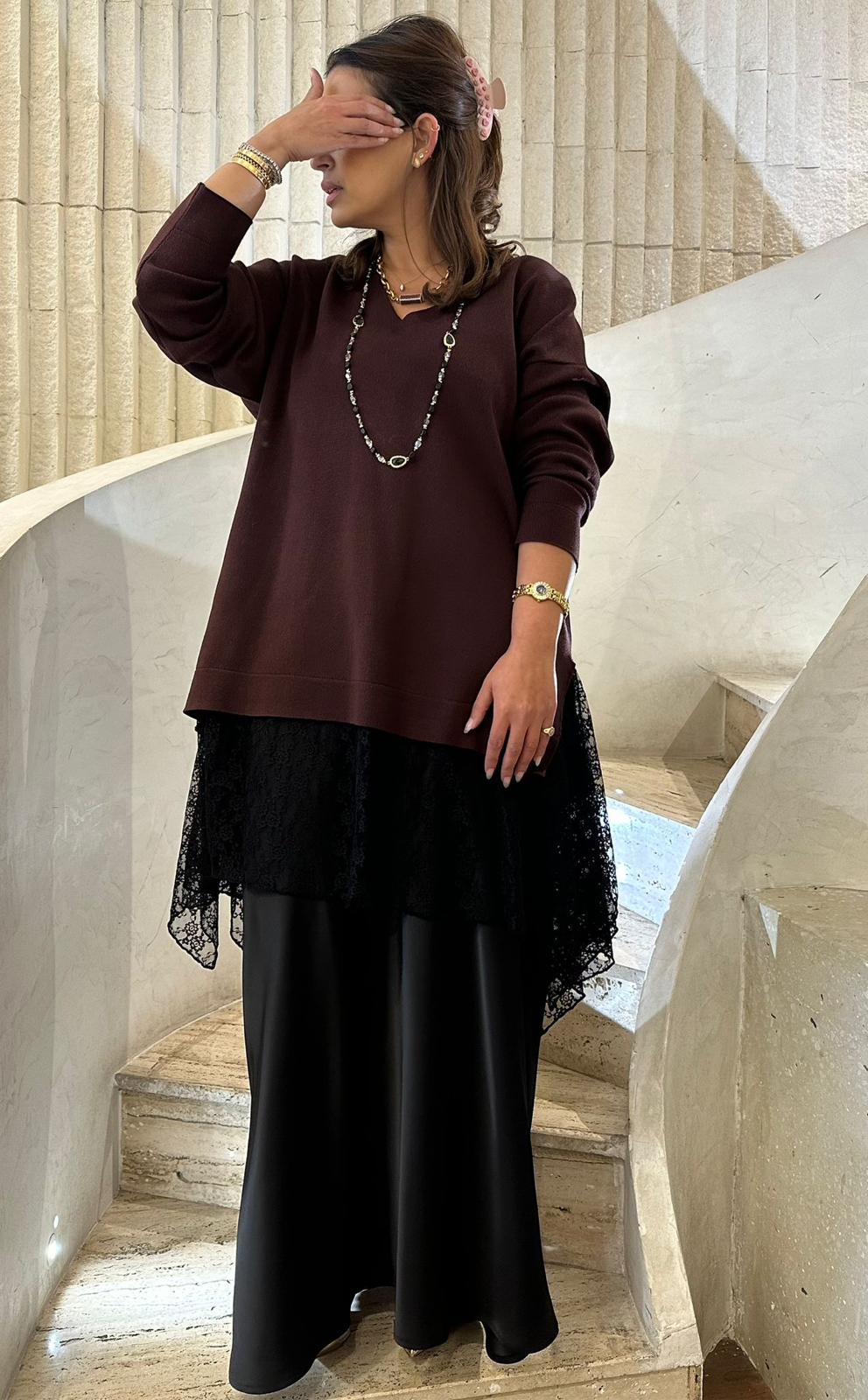 8401.5032 Rib Knit Lace Tunic Top - Brown Loft