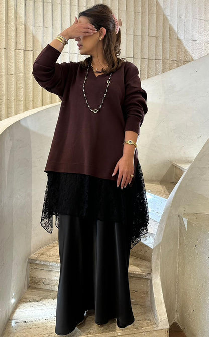 8401.5032 Rib Knit Lace Tunic Top - Brown Loft
