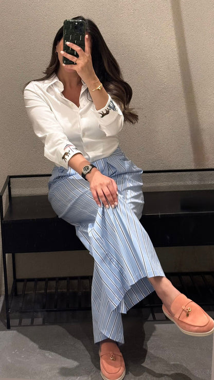 Blue Striped Cotton Palazzo Pants - Brown Loft