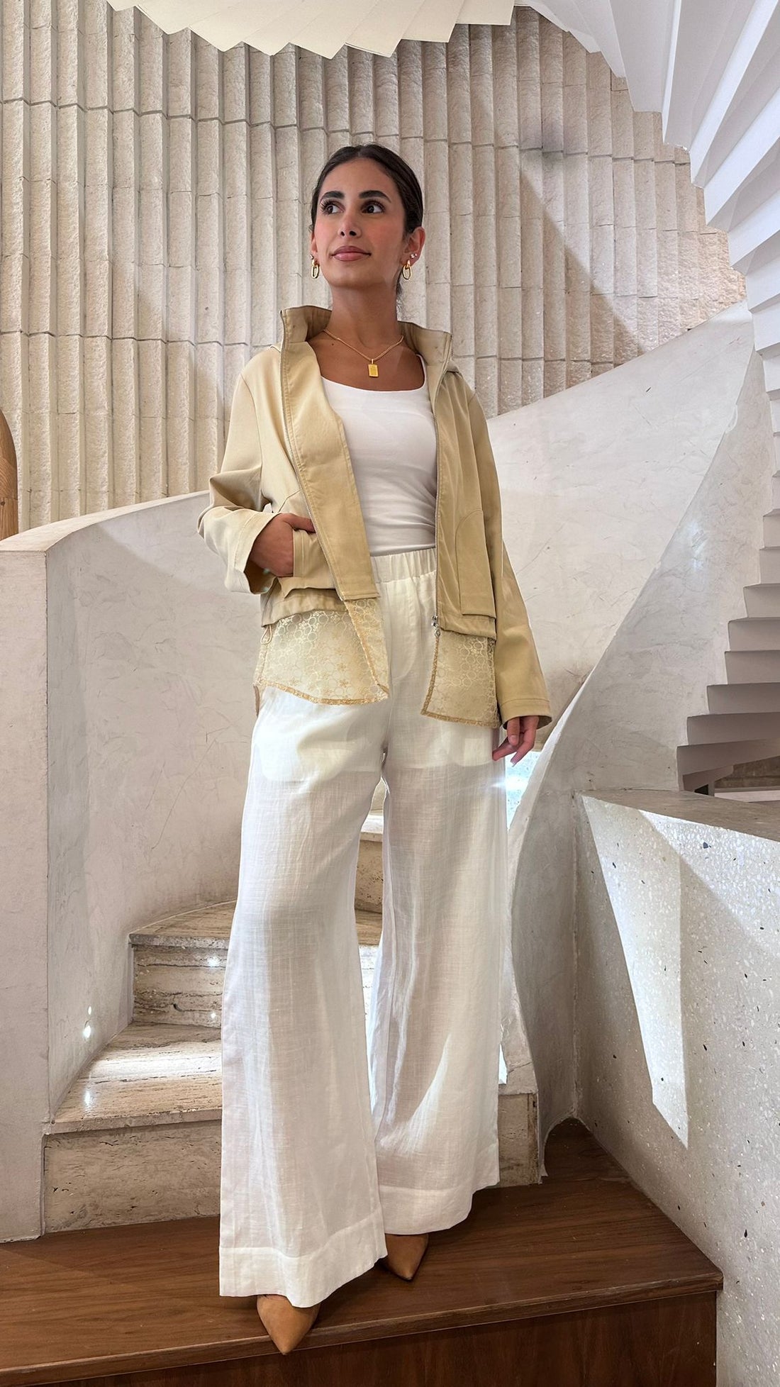 EA-25S-857 Elastic Waistband Wide Leg Linen Pants - Brown Loft