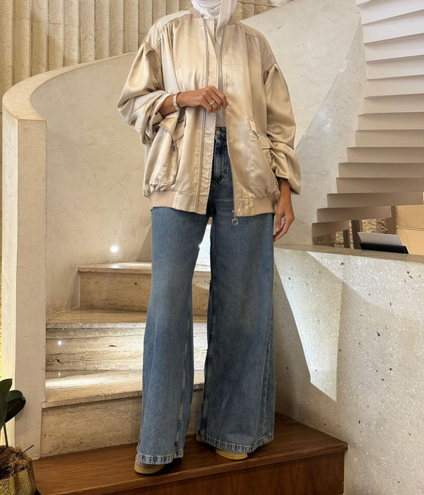MJ84069 سترة ساتان كبيرة الحجم ذات ياقة مضلعة وسحاب