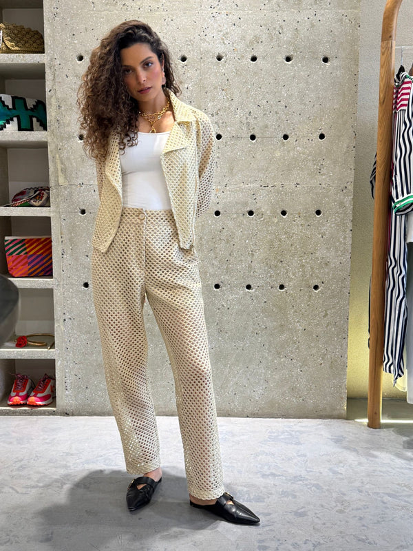 Buttoned Zippered High Waist Perforated Metallic Pants - 53-5128