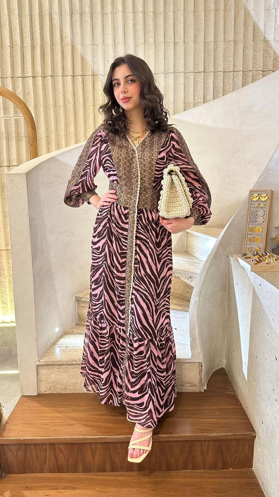 M05V144ROS Printed Chiffon Dress - Brown Loft