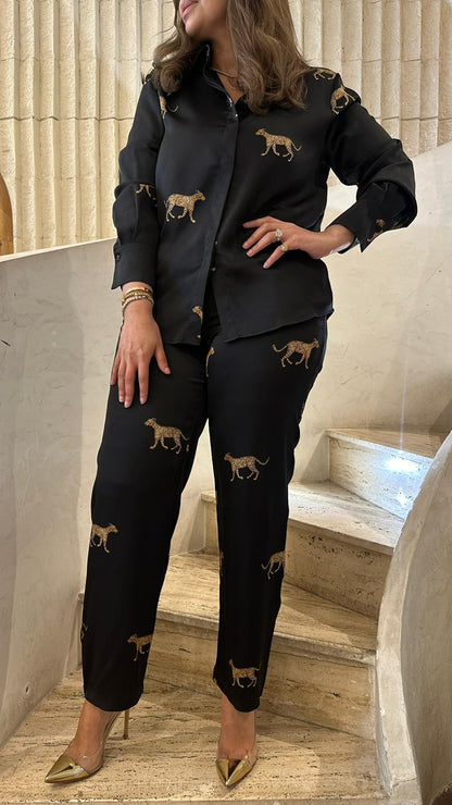 2615051/4022 Satin Leopard Print Shirt and Pants قميص وسروال بطبعة الفهد من الستان - Brown Loft