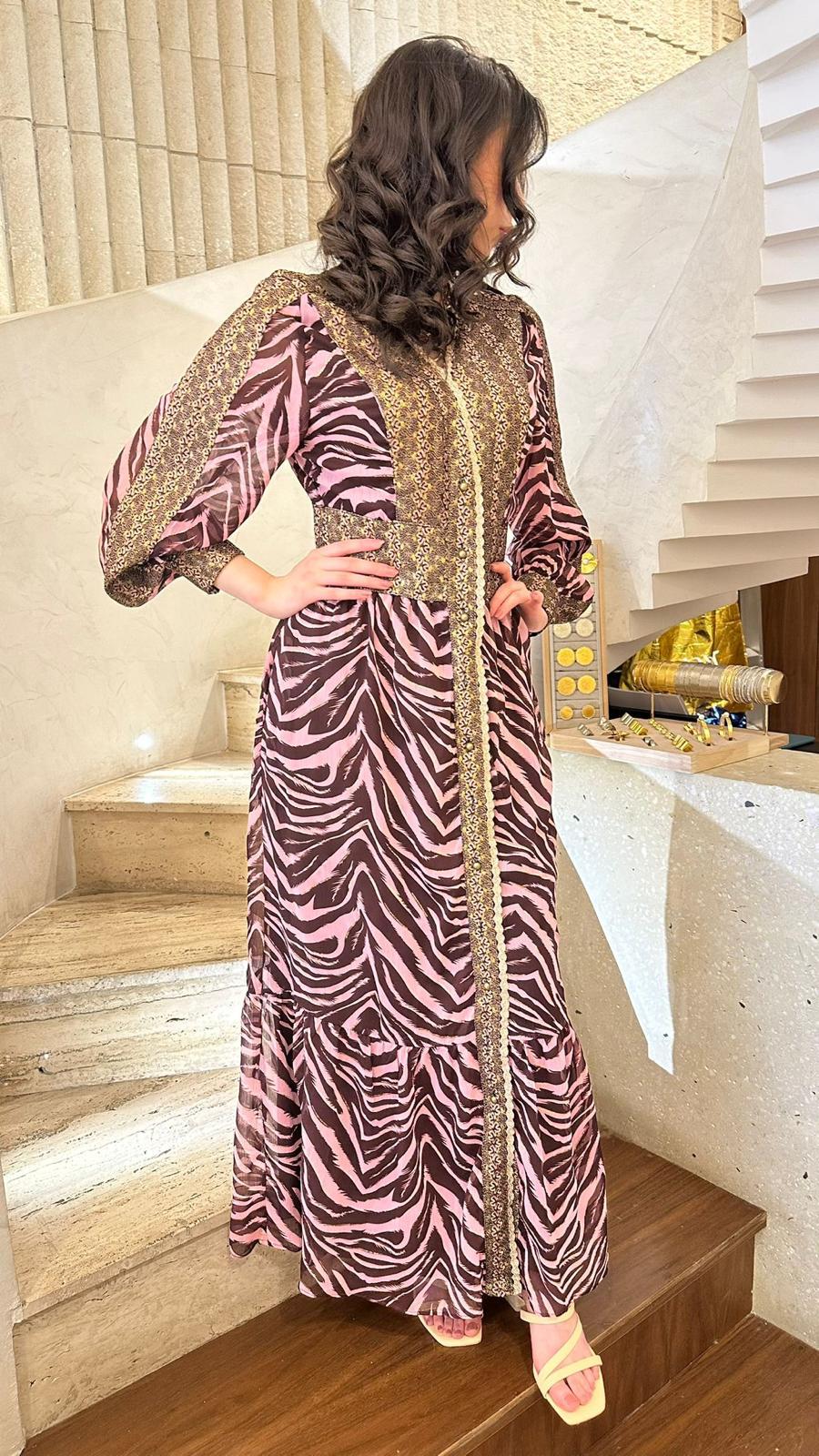 M05V144ROS Printed Chiffon Dress - Brown Loft