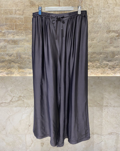 MJ33123 High Waist Wide Leg Satin Pants - Brown Loft