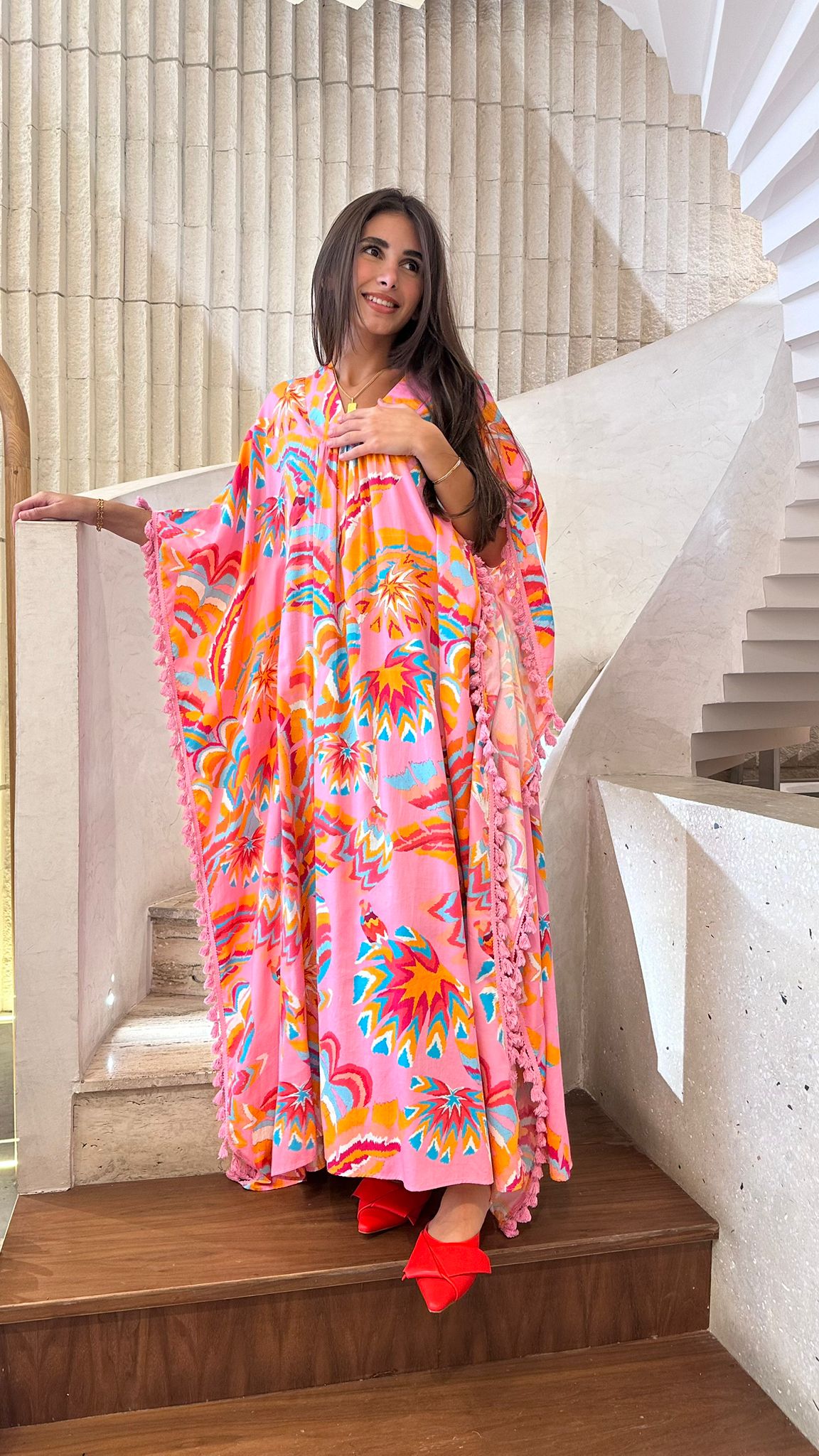 BL6 V Neck Printed Modal Long Kaftan Dress - Brown Loft