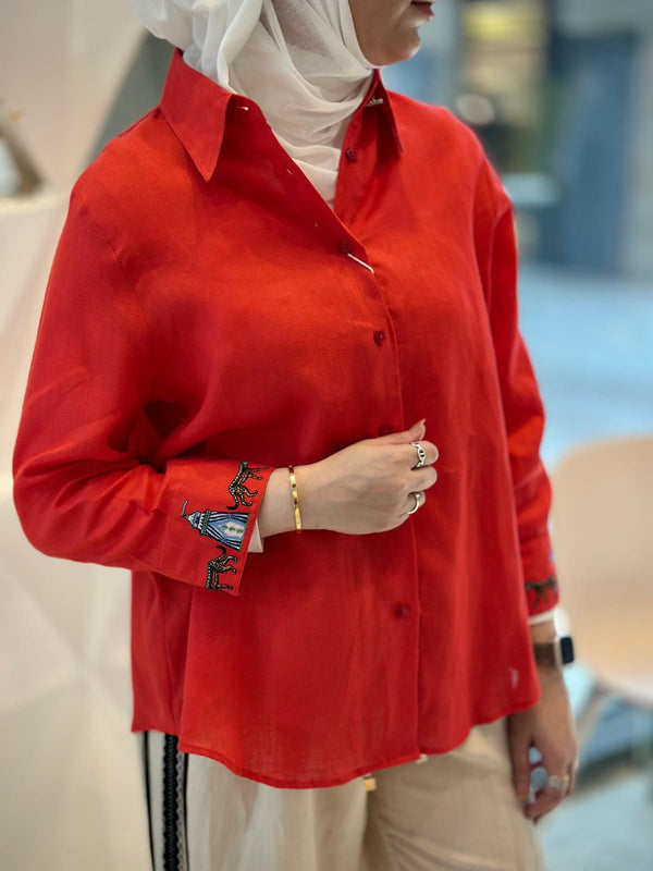 Buttoned Collared Linen Shirt - 32552