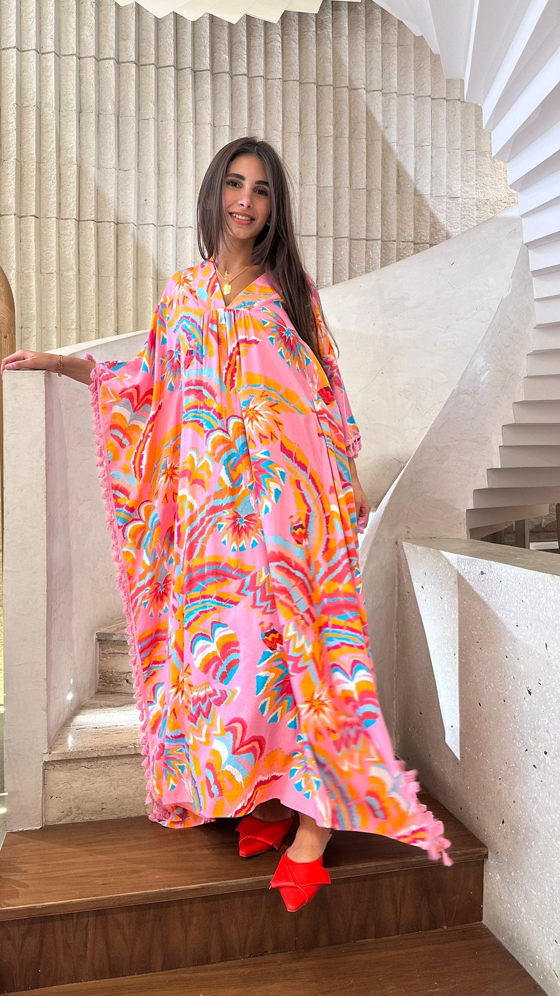 BL6 V Neck Printed Modal Long Kaftan Dress - Brown Loft