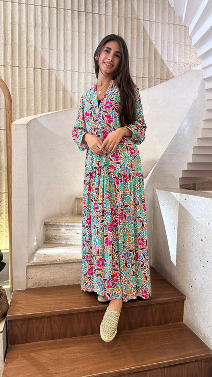 67192 Floral Multi Floral Printed Tiered Long Dress - Brown Loft