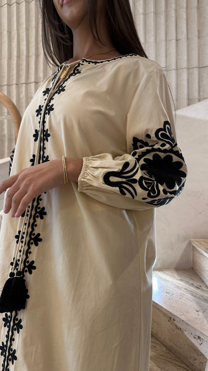Ivory Embroidered Long Kaftan Dress - AWSS-187 - Brown Loft