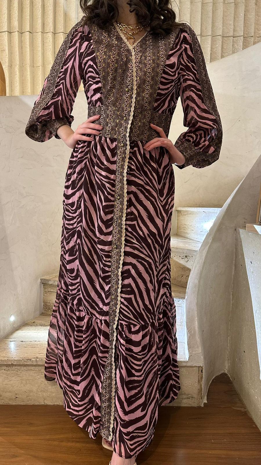 M05V144ROS Printed Chiffon Dress - Brown Loft