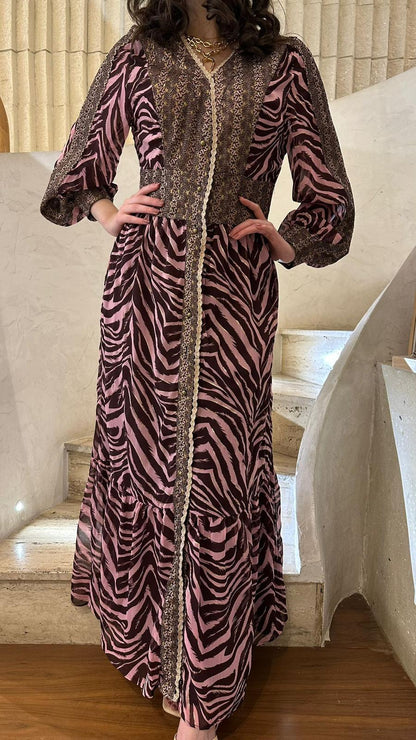 M05V144ROS Printed Chiffon Dress - Brown Loft
