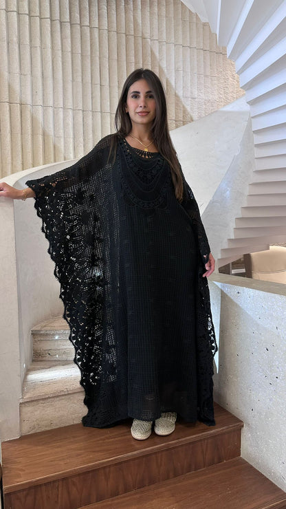 Black Crochet Embroidered Cotton Kaftan - Brown Loft