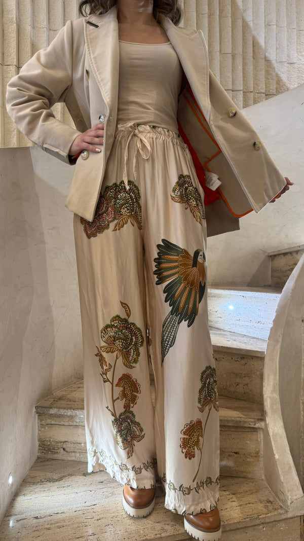 سروال واسع الساق مزين بطبعة الطيور والزهور - KD8285VS