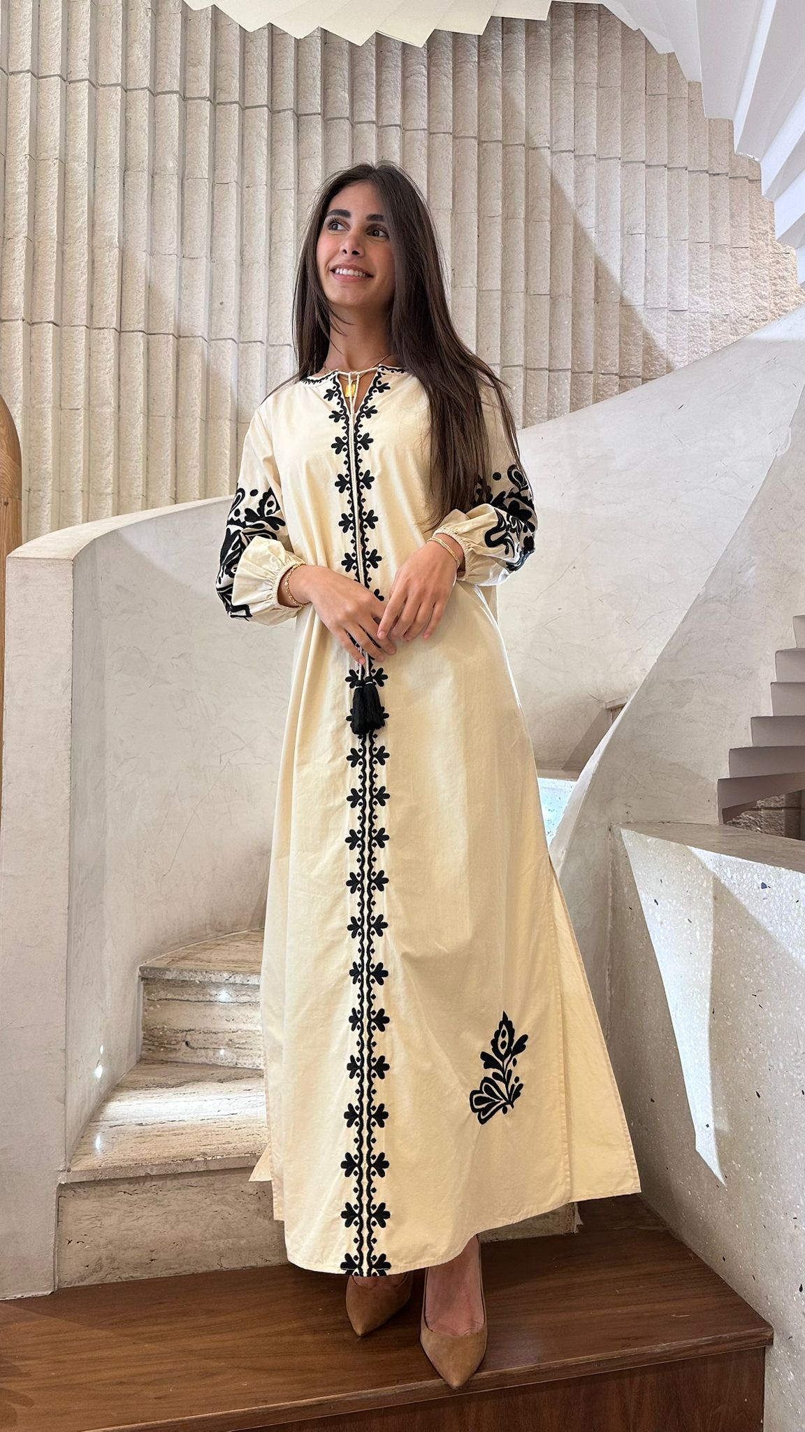 Ivory Embroidered Long Kaftan Dress - AWSS-187 - Brown Loft