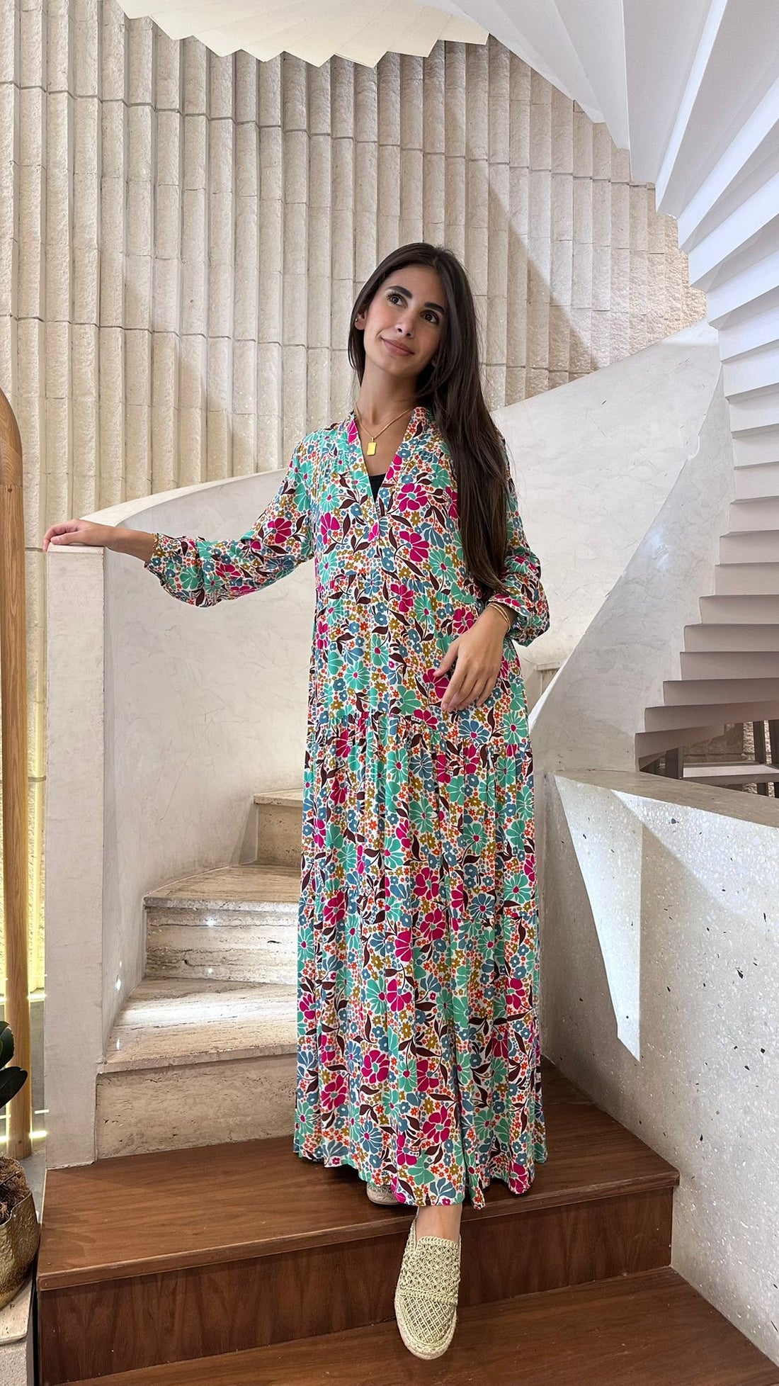 67192 Floral Multi Floral Printed Tiered Long Dress - Brown Loft