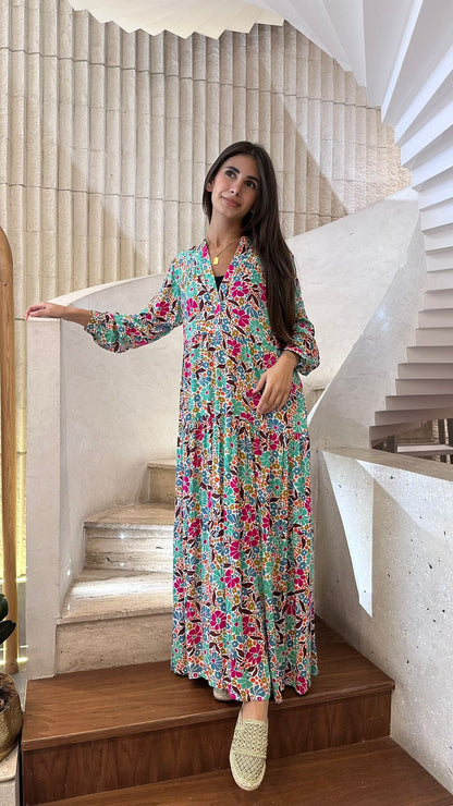 67192 Floral Multi Floral Printed Tiered Long Dress - Brown Loft