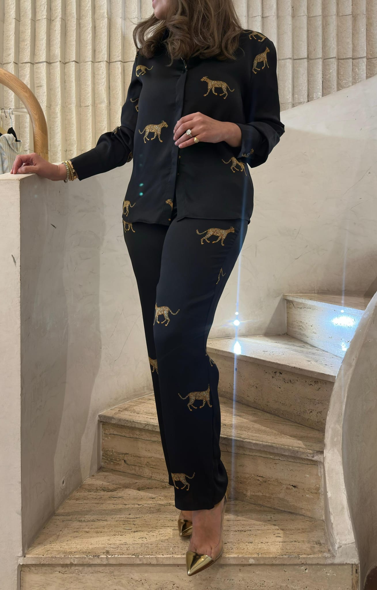 2615051/4022 Satin Leopard Print Shirt and Pants قميص وسروال بطبعة الفهد من الستان - Brown Loft