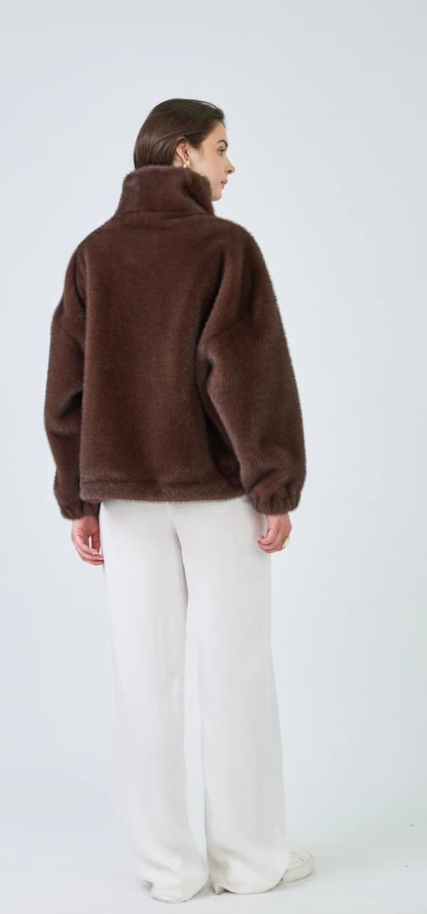 Melia سترة من الفرو الصناعي بسحاب وياقة عالية