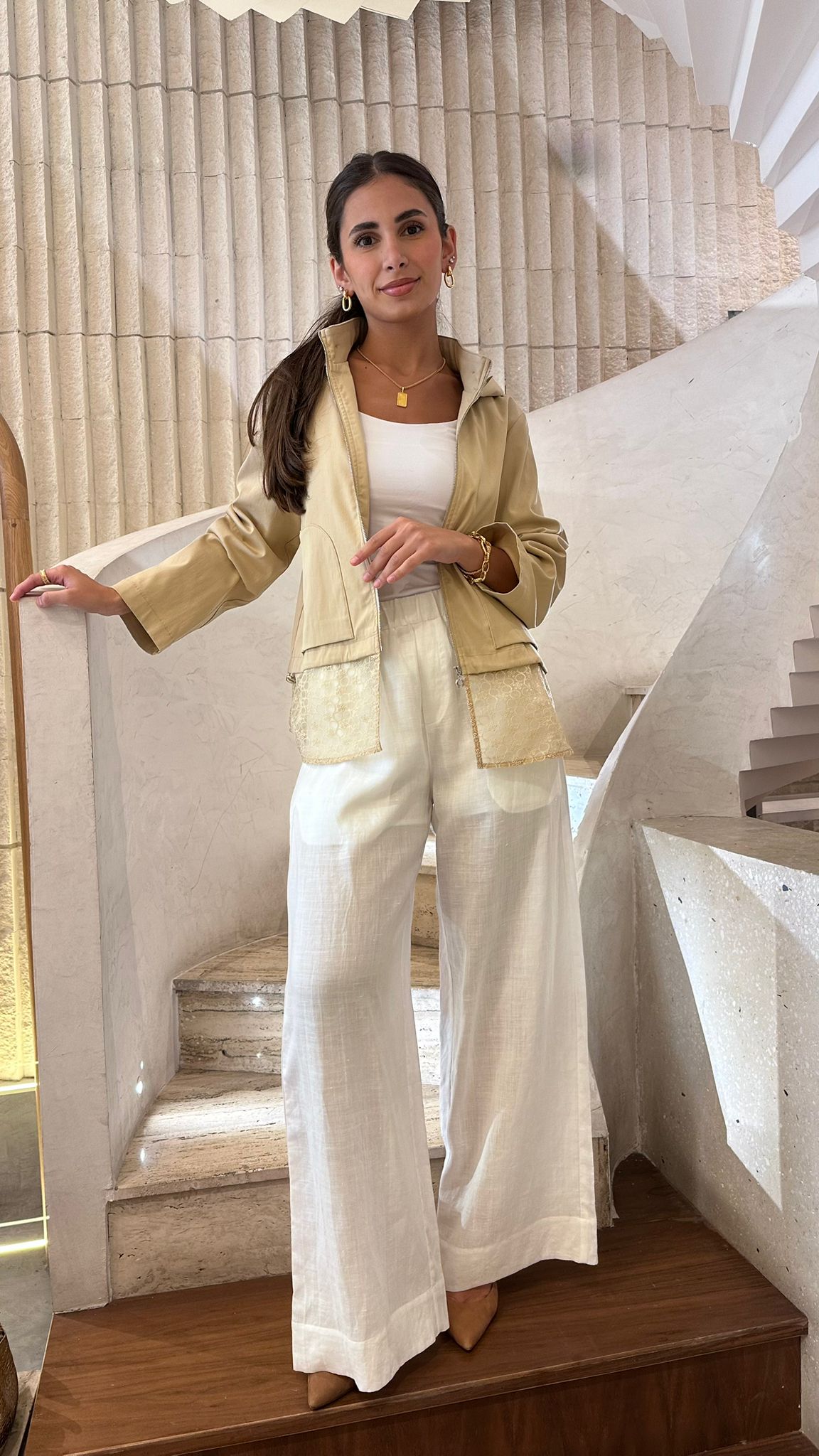 EA-25S-857 Elastic Waistband Wide Leg Linen Pants - Brown Loft