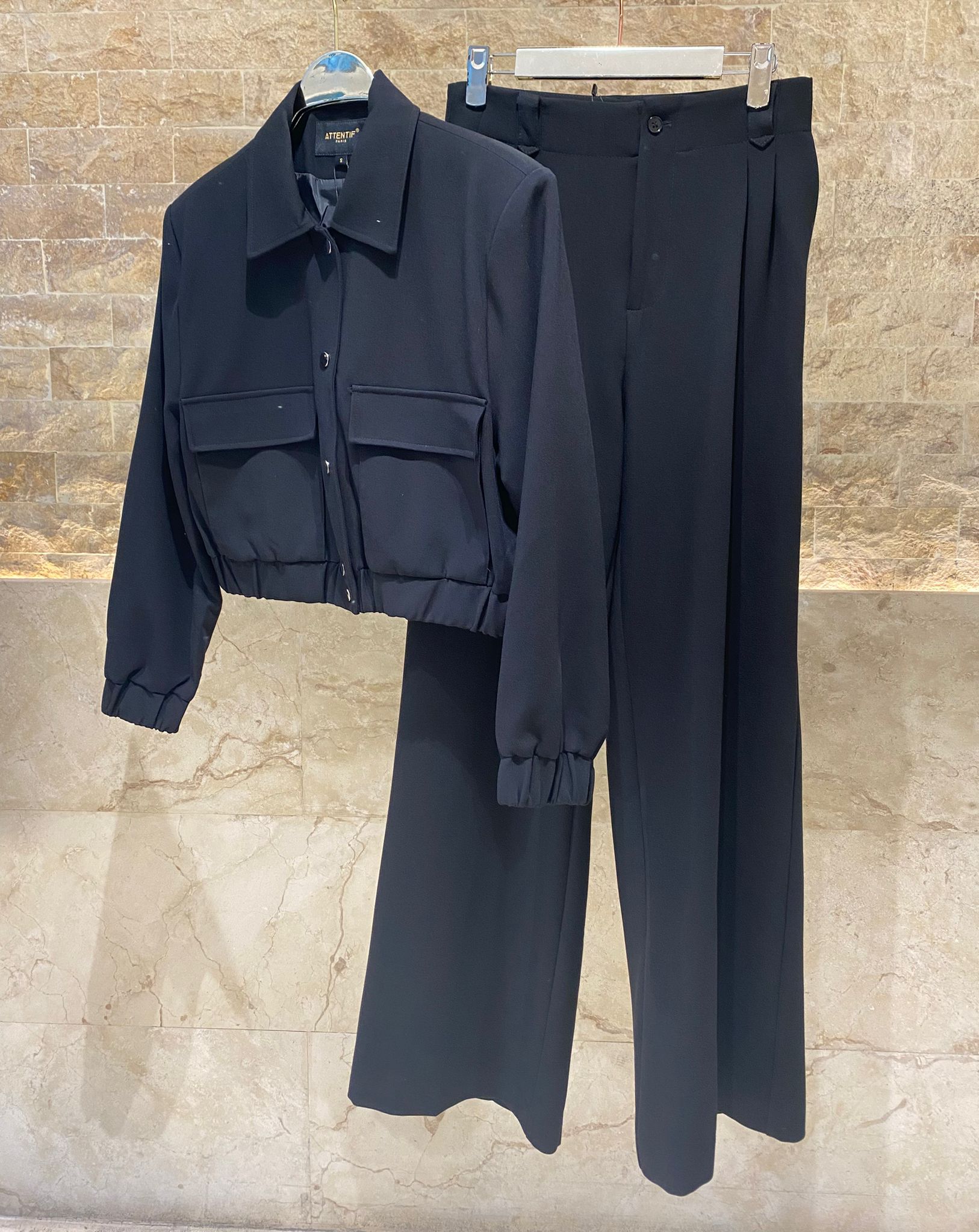 V2575 SET Bomber Jacket and Wide Leg Pants سترة بومبر وبنطال واسع الساق - Brown Loft
