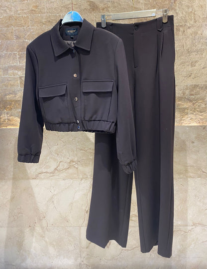 V2575 SET Bomber Jacket and Wide Leg Pants سترة بومبر وبنطال واسع الساق - Brown Loft