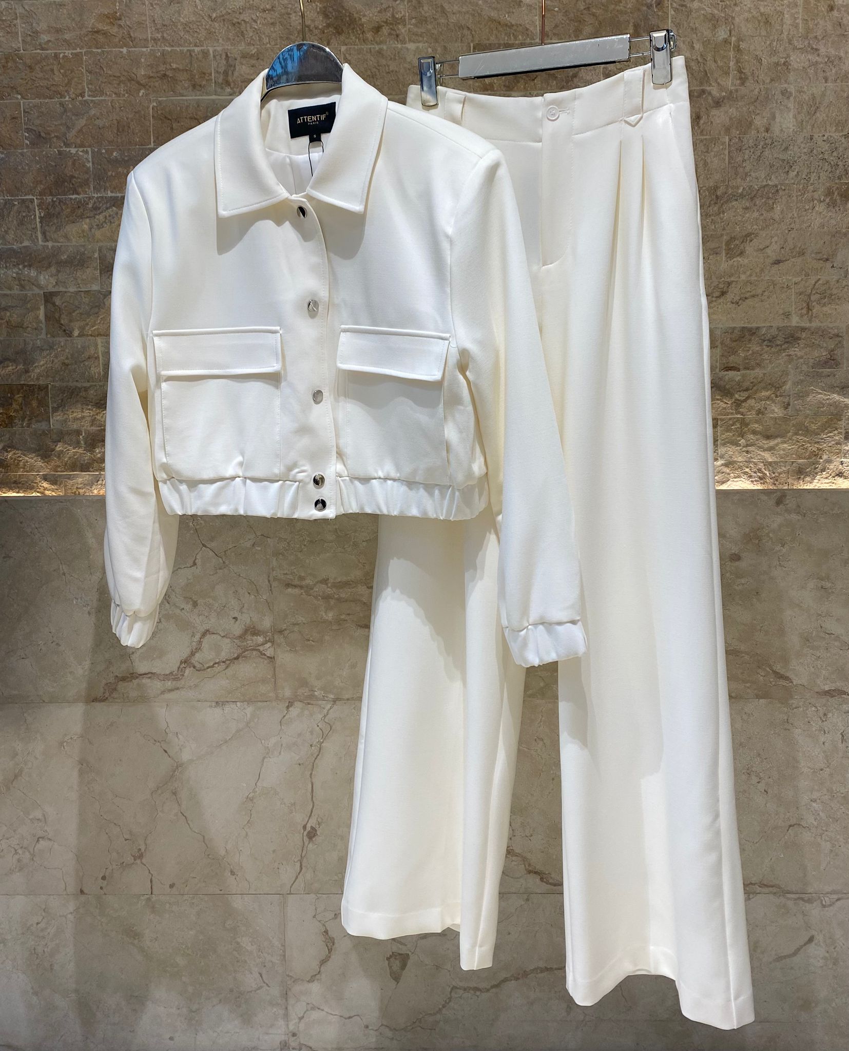 V2575 SET Bomber Jacket and Wide Leg Pants سترة بومبر وبنطال واسع الساق - Brown Loft