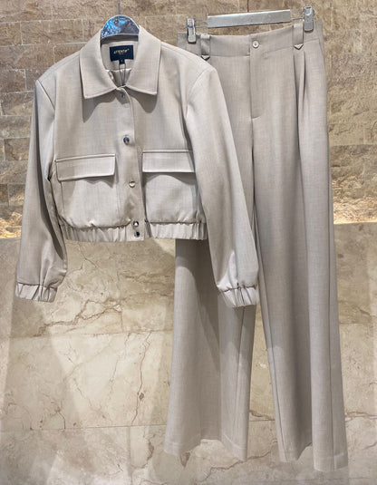 V2575 SET Bomber Jacket and Wide Leg Pants سترة بومبر وبنطال واسع الساق - Brown Loft