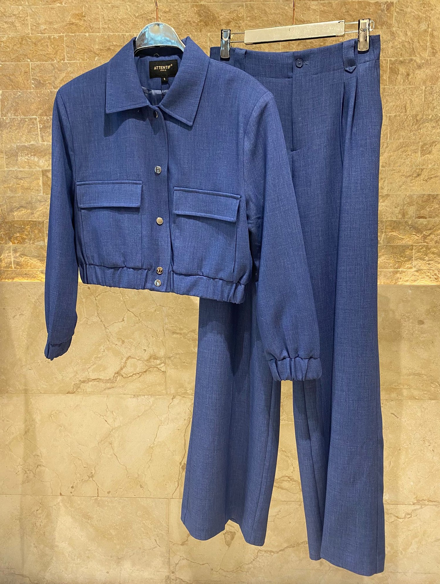 V2575 SET Bomber Jacket and Wide Leg Pants سترة بومبر وبنطال واسع الساق - Brown Loft