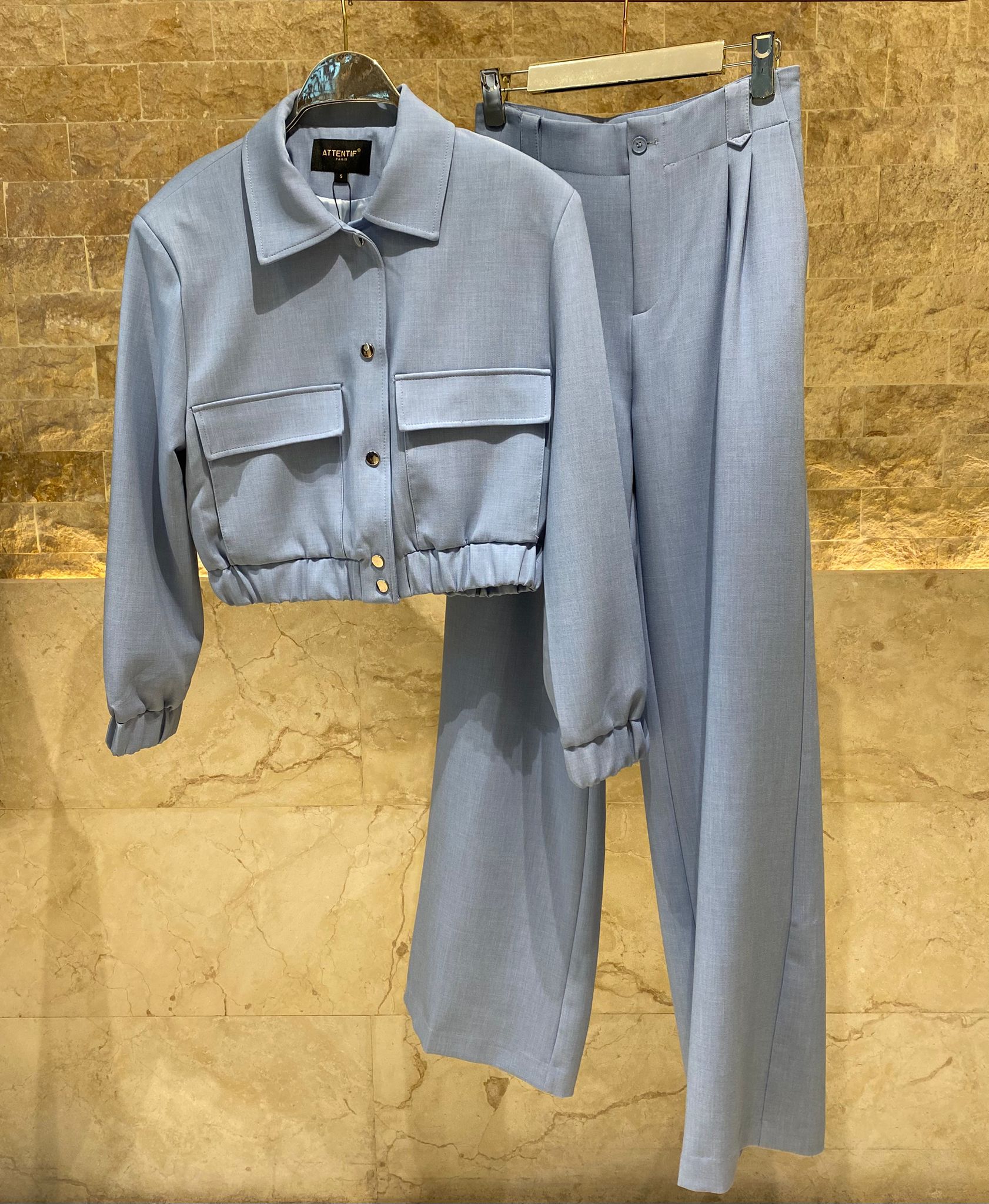 V2575 SET Bomber Jacket and Wide Leg Pants سترة بومبر وبنطال واسع الساق - Brown Loft