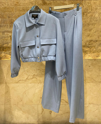V2575 SET Bomber Jacket and Wide Leg Pants سترة بومبر وبنطال واسع الساق - Brown Loft