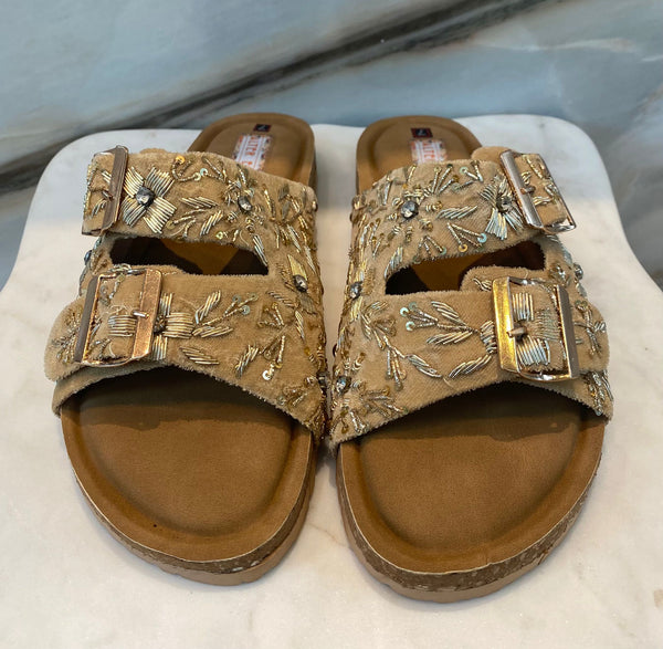 Embellished Double Adjustable Buckle Strap Velvet Sandals