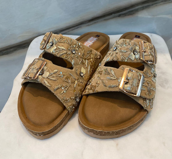 Embellished Double Adjustable Buckle Strap Velvet Sandals