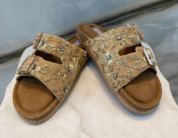 Embellished Double Adjustable Buckle Strap Velvet Sandals