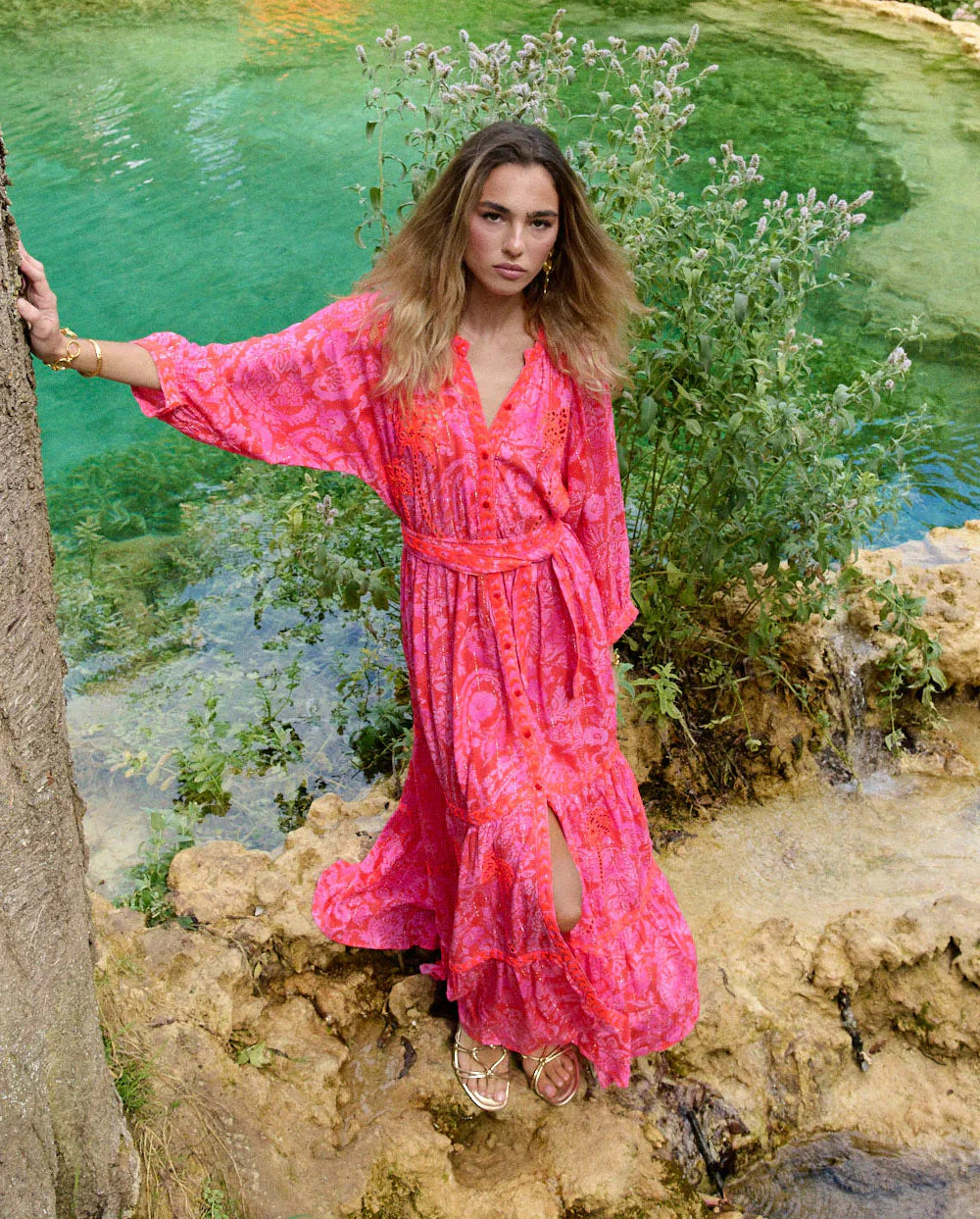 I331 Neon Embroidered Sequins Tree Printed Maxi Tiered Dress - Brown Loft