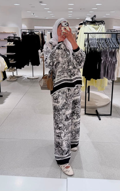 Toile de Jouy Print Satin Top and Pants Set KD7607/6637-2