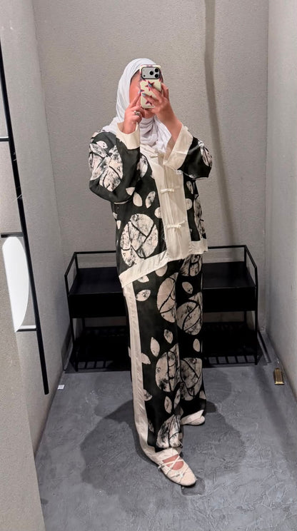 Leaf Print Satin Jacket and Pants Set KD88009/9099VS-14