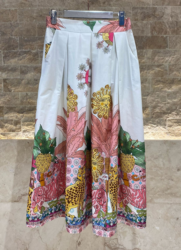 KD9090CP تنورة مطبوعة مع تفاصيل الغابة / الفهد / الشمس