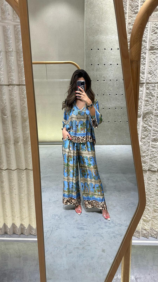 KD7365 Set قمة ساتان مطبوعة وسروال ساتان واسع مطبوع