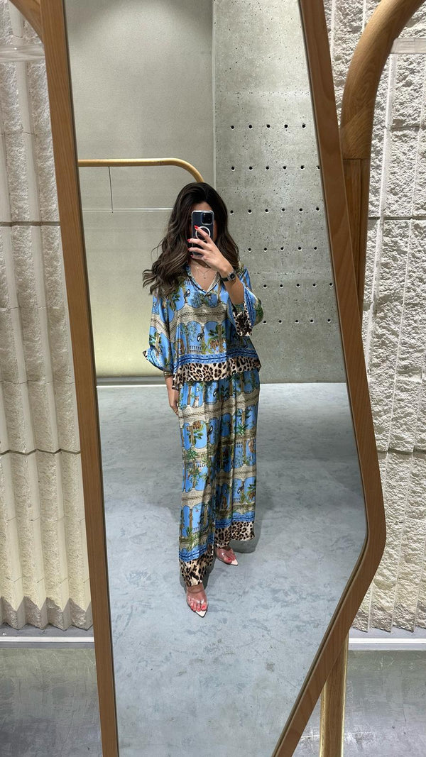 KD7365 Set قمة ساتان مطبوعة وسروال ساتان واسع مطبوع