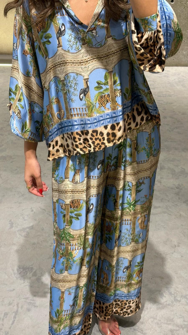 KD7365 Set قمة ساتان مطبوعة وسروال ساتان واسع مطبوع