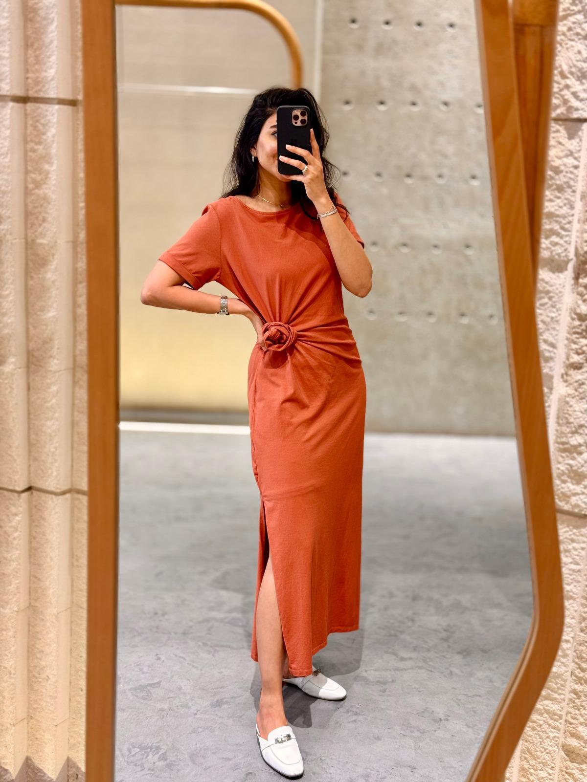 Cotton Dress with Round Neckline - TDM23525 - Brown Loft