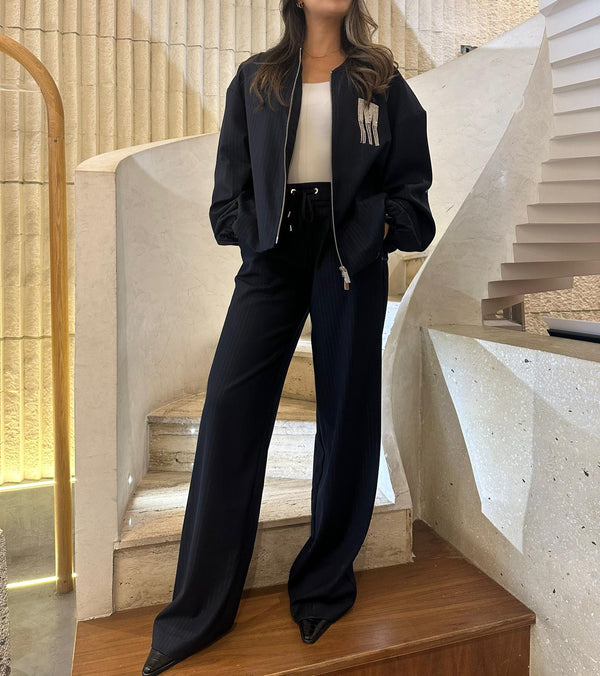 2502005/4001 Pinstripe Bomber Jacket and Straight Cut Pants جاكيت بومبر مخطط وبنطلون بقصّة مستقيمة