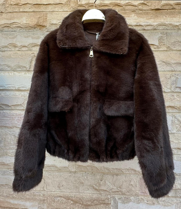 Alba سترة من الفرو الصناعي بسحاب وياقة