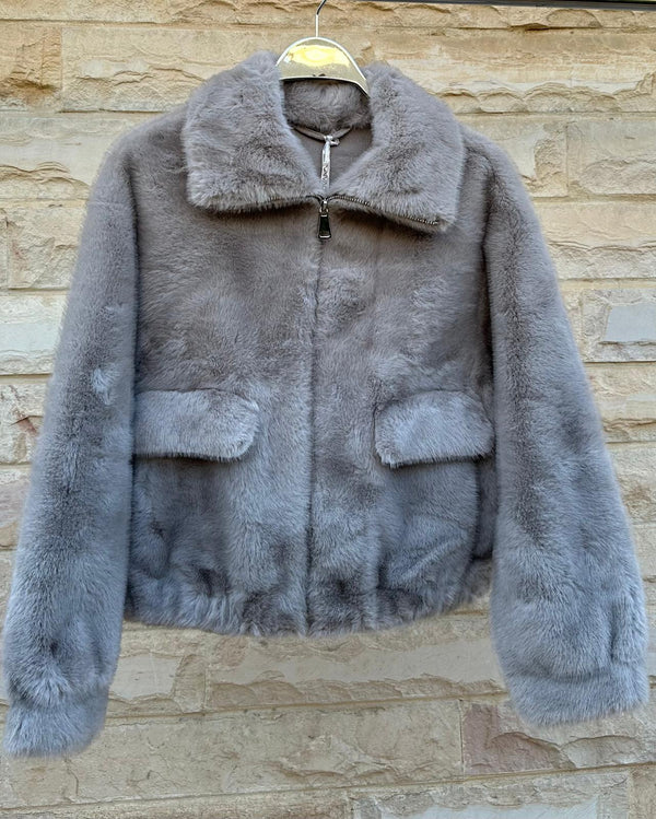 Alba سترة من الفرو الصناعي بسحاب وياقة